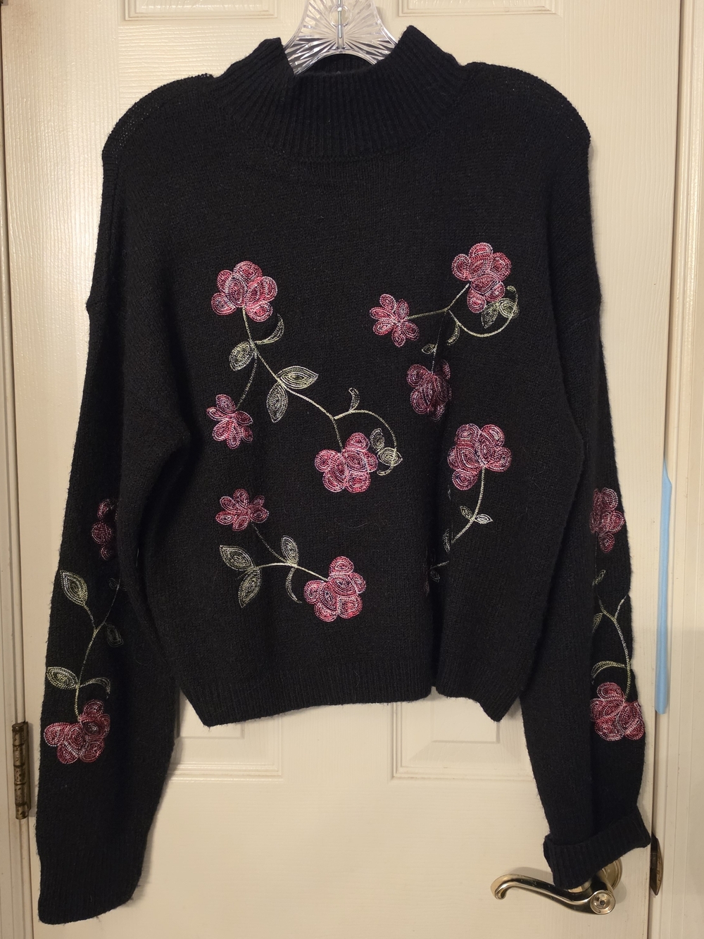 Alya Black Mock Neck Sweater with Pink Floral Embroidery